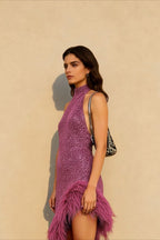 Feather Panel Halter Asymmetrical Graduation Party Dress