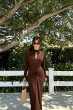 Elegant Fitted Simple Mock Neck Long Sleeve Party Dress