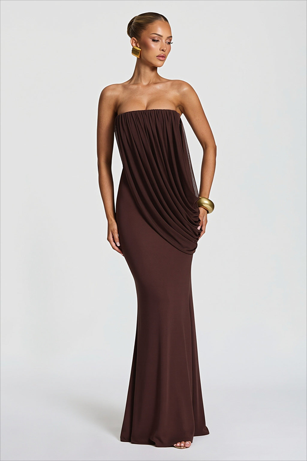 Solid Strapless Ruched Mesh Bodycon Dress