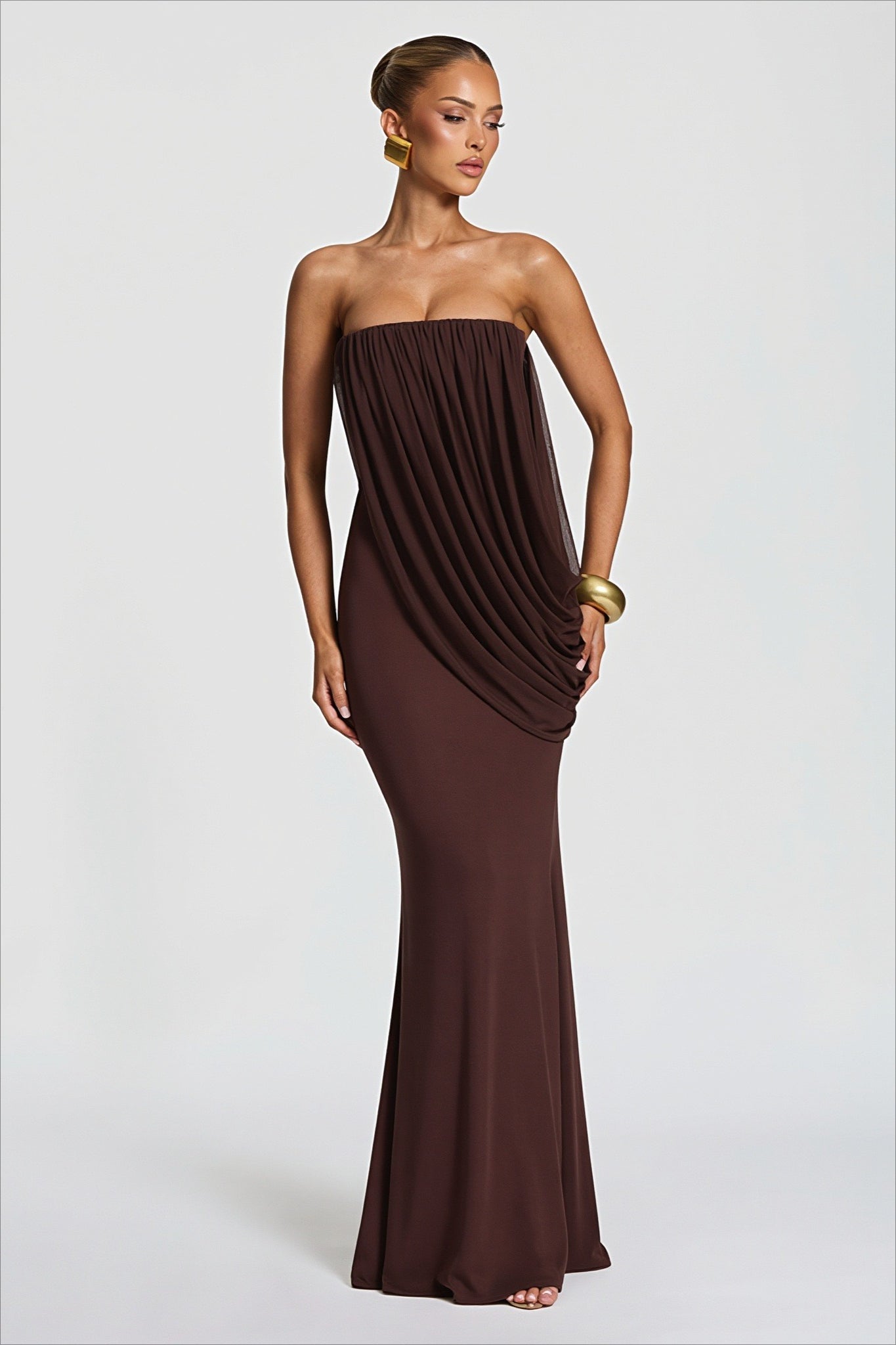 Solid Strapless Ruched Mesh Bodycon Dress