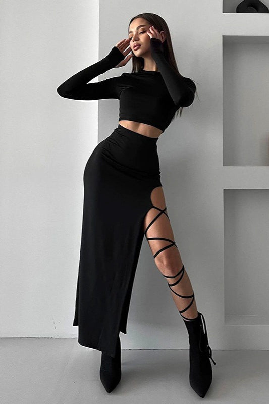 Solid Crew Neck Long Sleeve Tie Waist Skirt Two Piece Set Main image