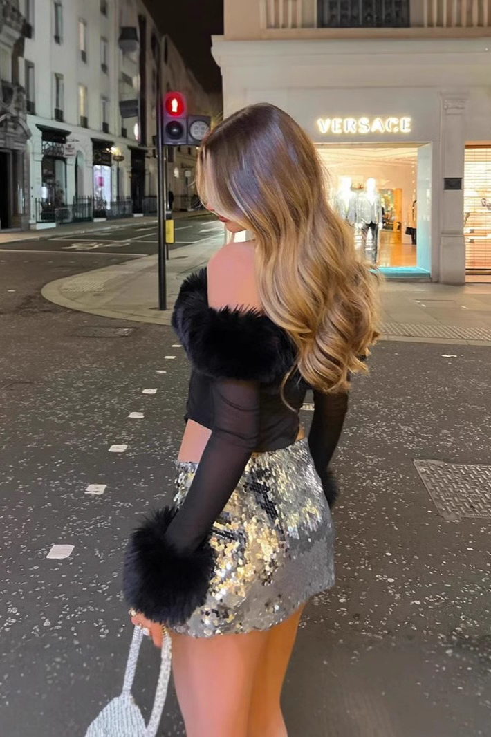 Fuzzy Off Shoulder Mesh Long Sleeve Asymmetrical Crop Top Secondary image
