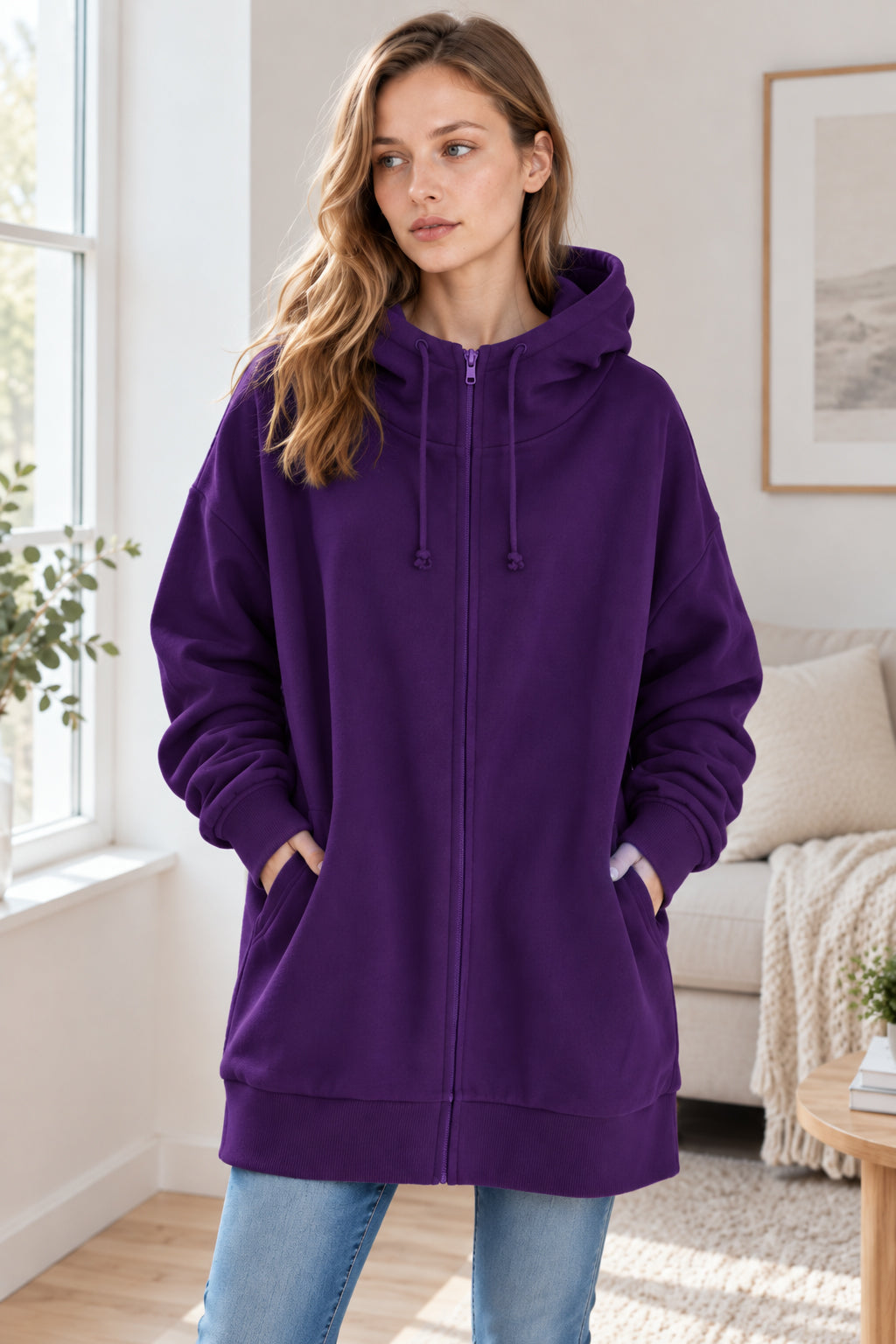 Color Hoodie Zipper Solid - Mid-length