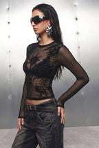 Abstract Print Sheer Mesh Long Sleeve T-shirts