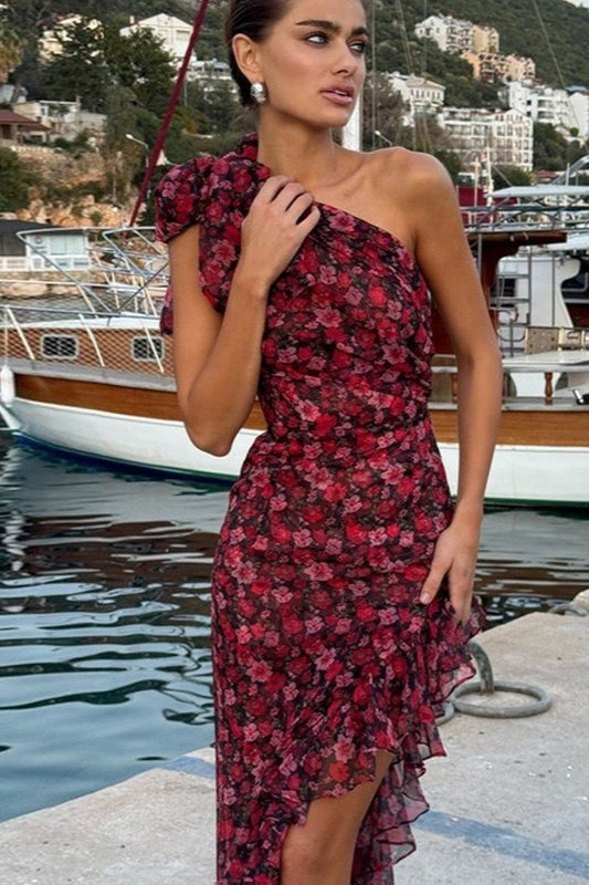 Off Shoulder Ruffled Floral Asymmetric Boho Dress Secondary image