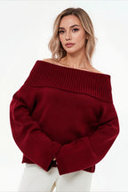 Foldover Off Shoulder Relaxed Pullover Knit Sweater