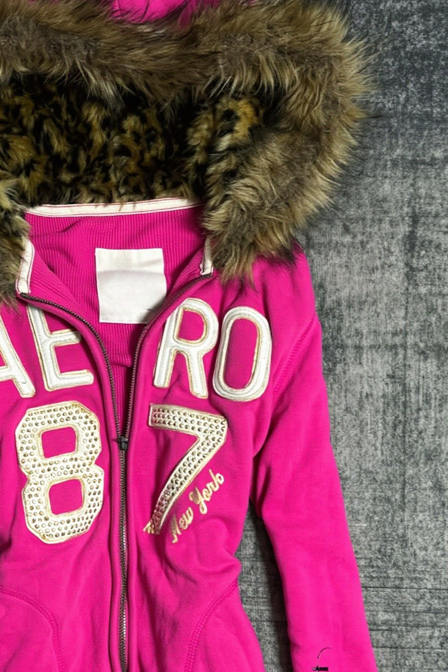 Rhinestone Letter Fur Trim Zip Hoodie