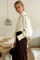 Black Lantern Sleeve Button-Up Blouse