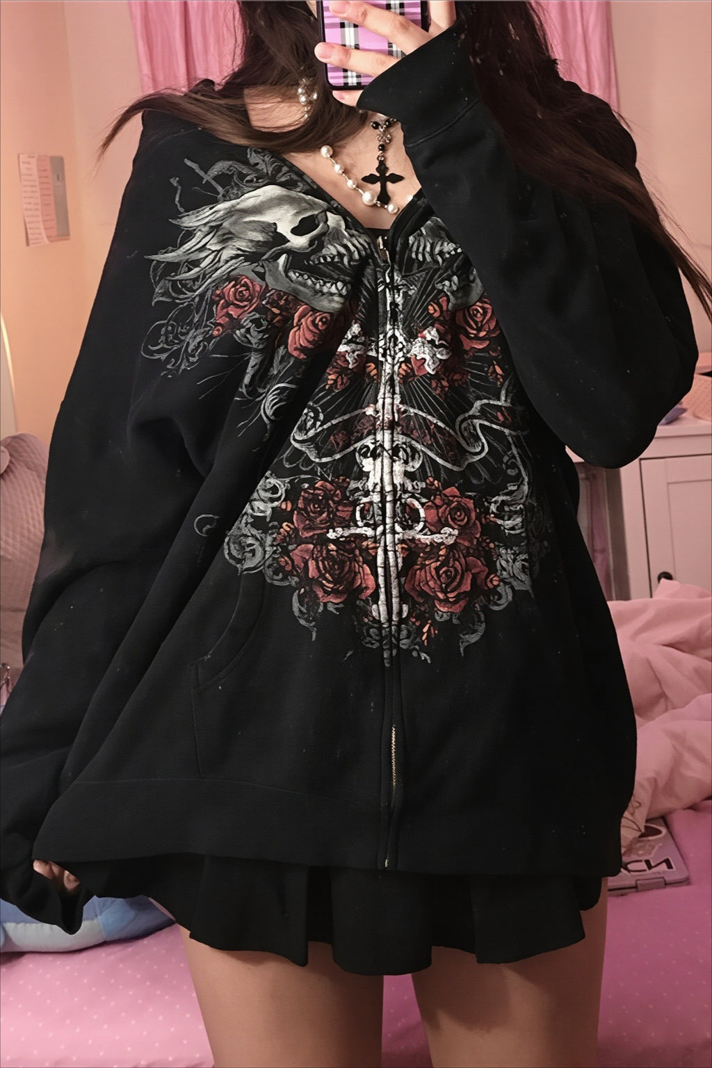 Gothic Skull Graphic Oversized Zip Hoodie