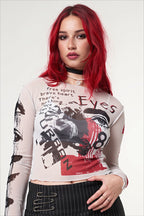 Vintage Collage Sheer Long Sleeve Crop T-Shirt