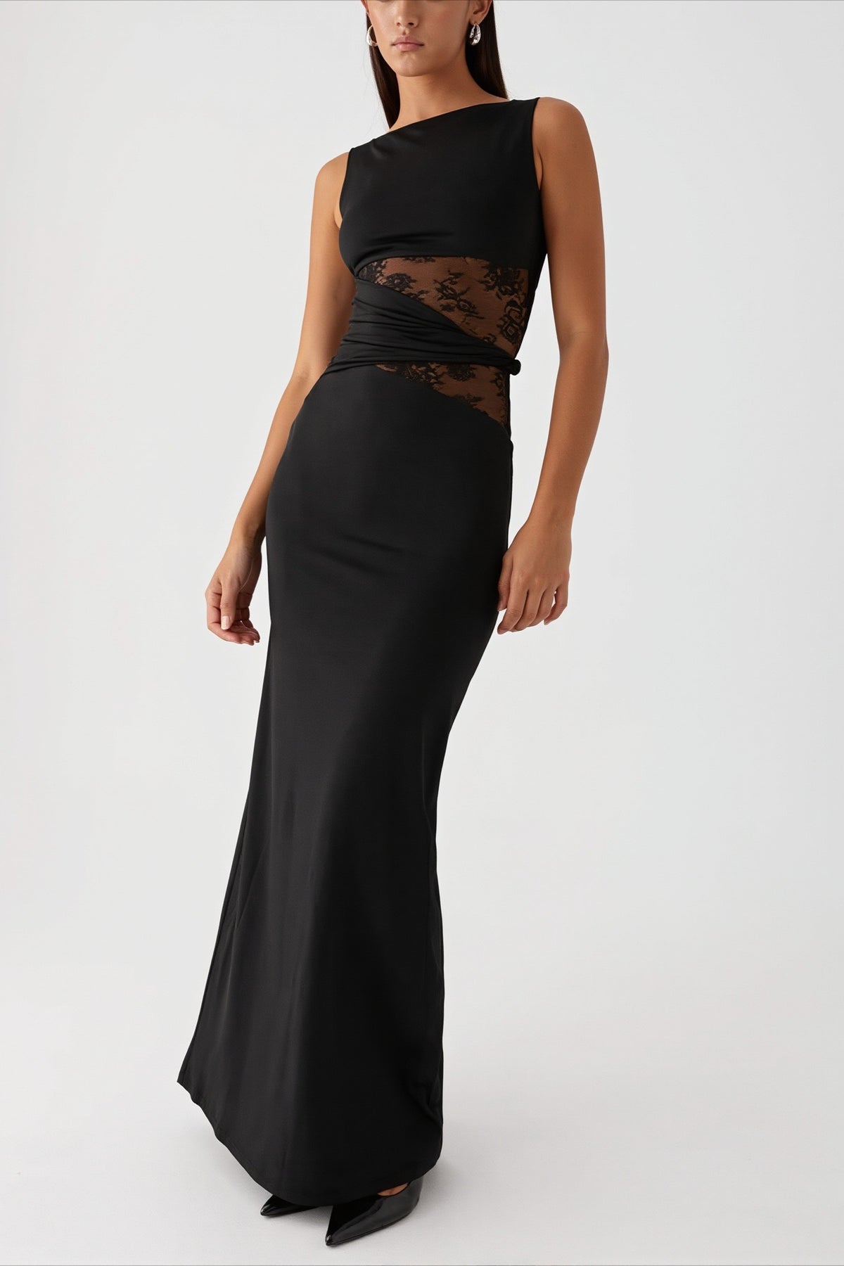 Elegant Draped Lace Panel Midi Dress