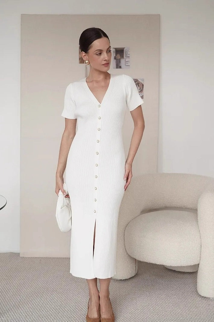 Waist Cinched V Neck Single Breasted Short Sleeve Knit Maxi Sweater Dress Secondary image