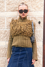 Shaggy Fringe Mock Neck Cropped Knit Top