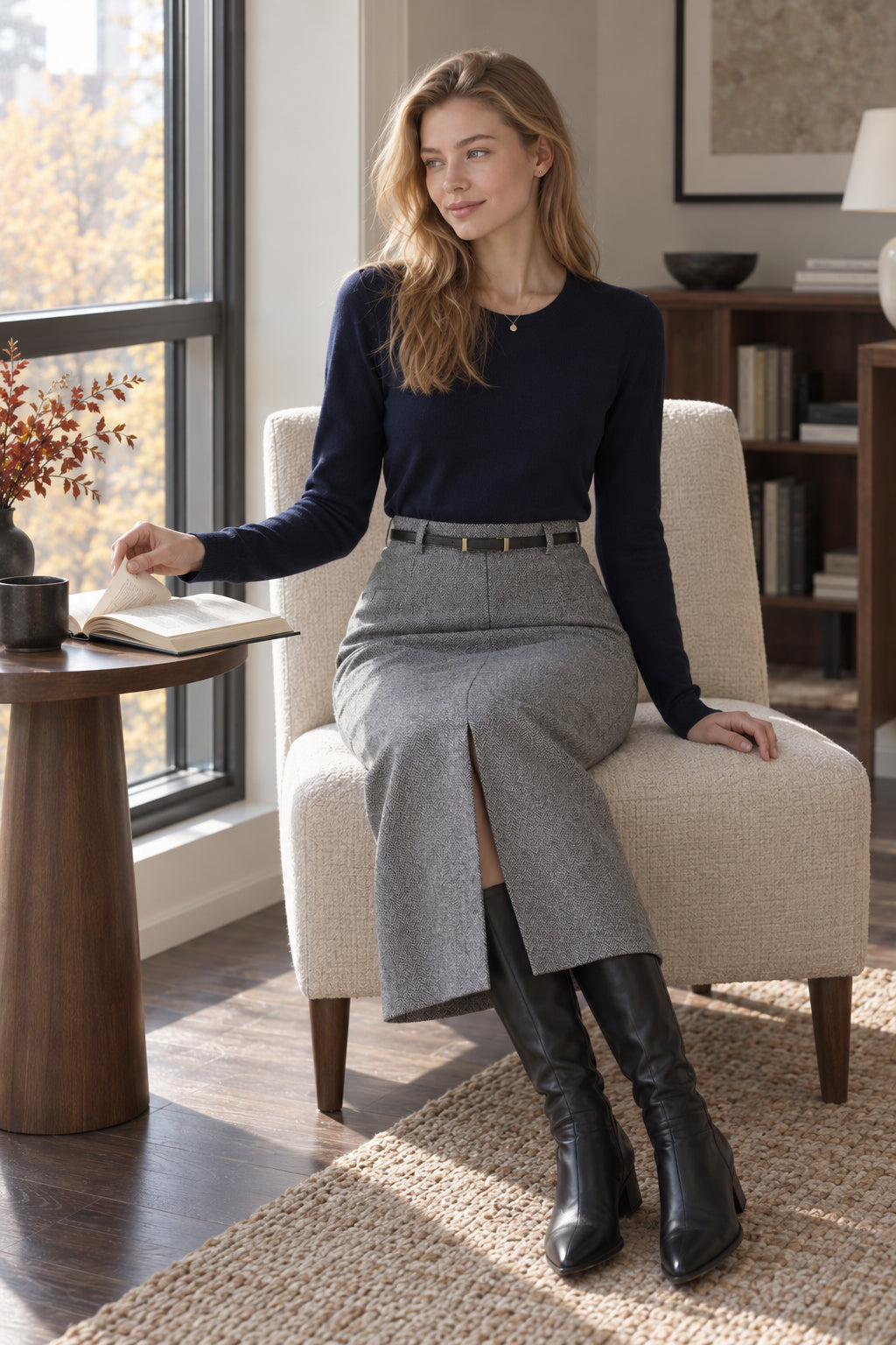 Elegant Striped Faux Wool Belted Casual High Waist A-Line Skirt