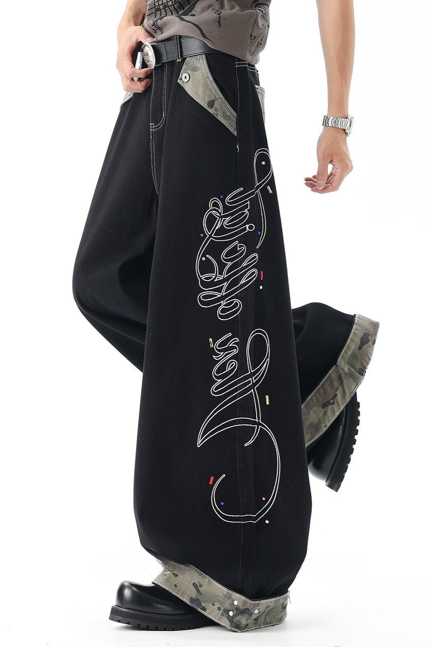 Camouflage Panel Letter Embroidered Wide Leg Jeans