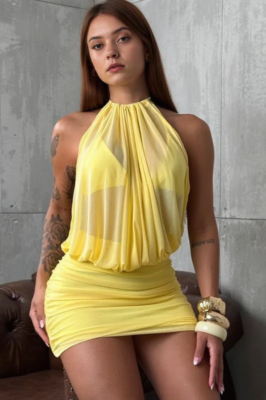 Halter Mesh Open Back Gathered Mini Tight Bodycon Dress Main image