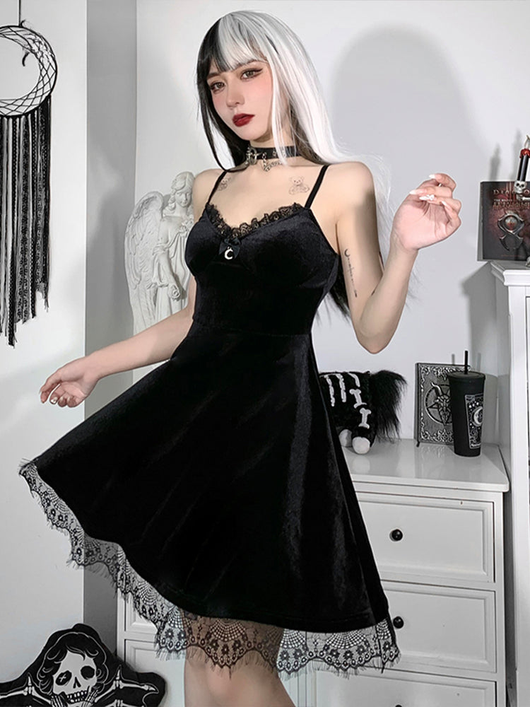 Velvet Spaghetti Strap Backless Moon Pendant Colorful Lace Trim A-Line Waist-in Sleeveless Corset Dress Main image