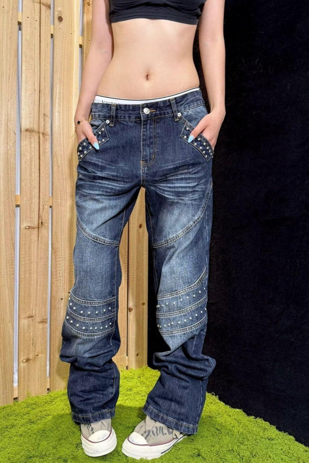 Rhinestone Washed Loose Straight Leg Jeans Main image