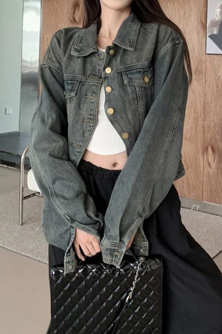 Cropped Solid Denim Jacket Main image