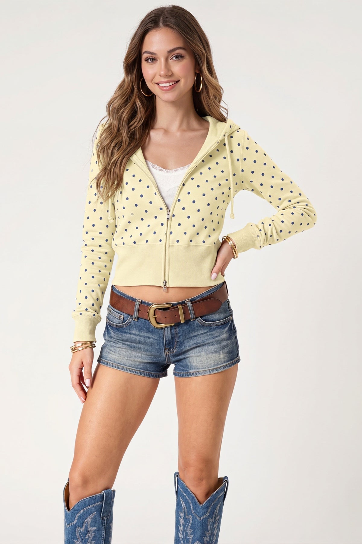 Polka Dot Fitted Zip Front Cropped Hoodie Main image