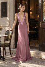 Deep V Satin Backless Maxi Dress