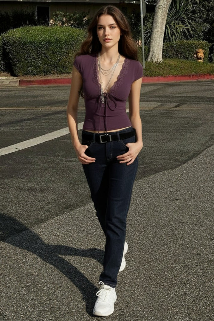 Lace Trim Tie Front Top Secondary image