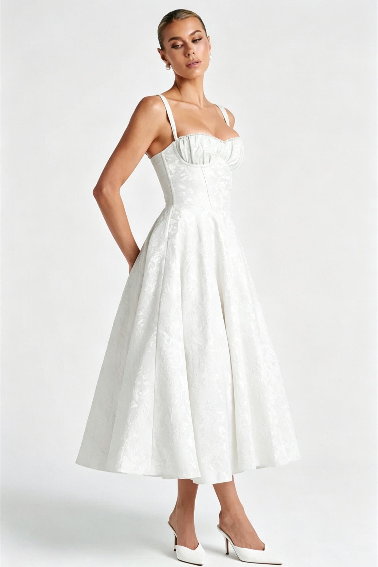 Jacquard Cami Backless Waist Cinched Midi Dress
