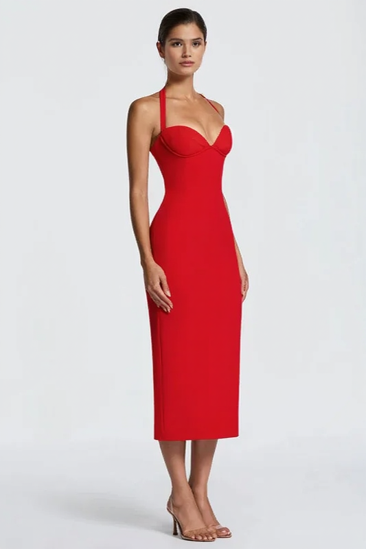 Solid Halter Neck Tie Back Midi Party Dress Secondary image