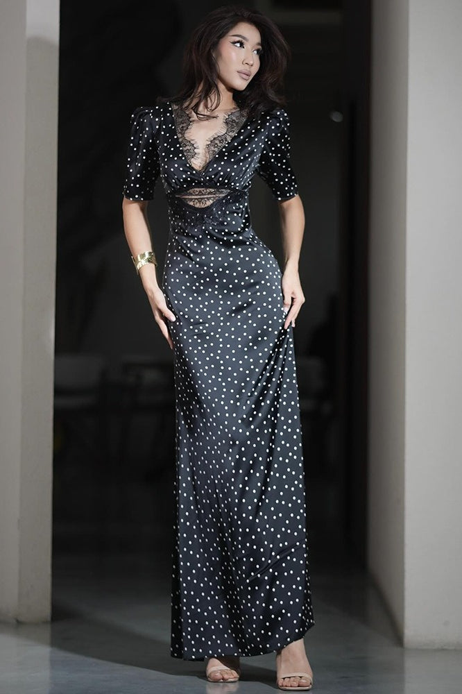 Lace Trim V-Neck Polka Dot Fit Floor Lace Dress Main image