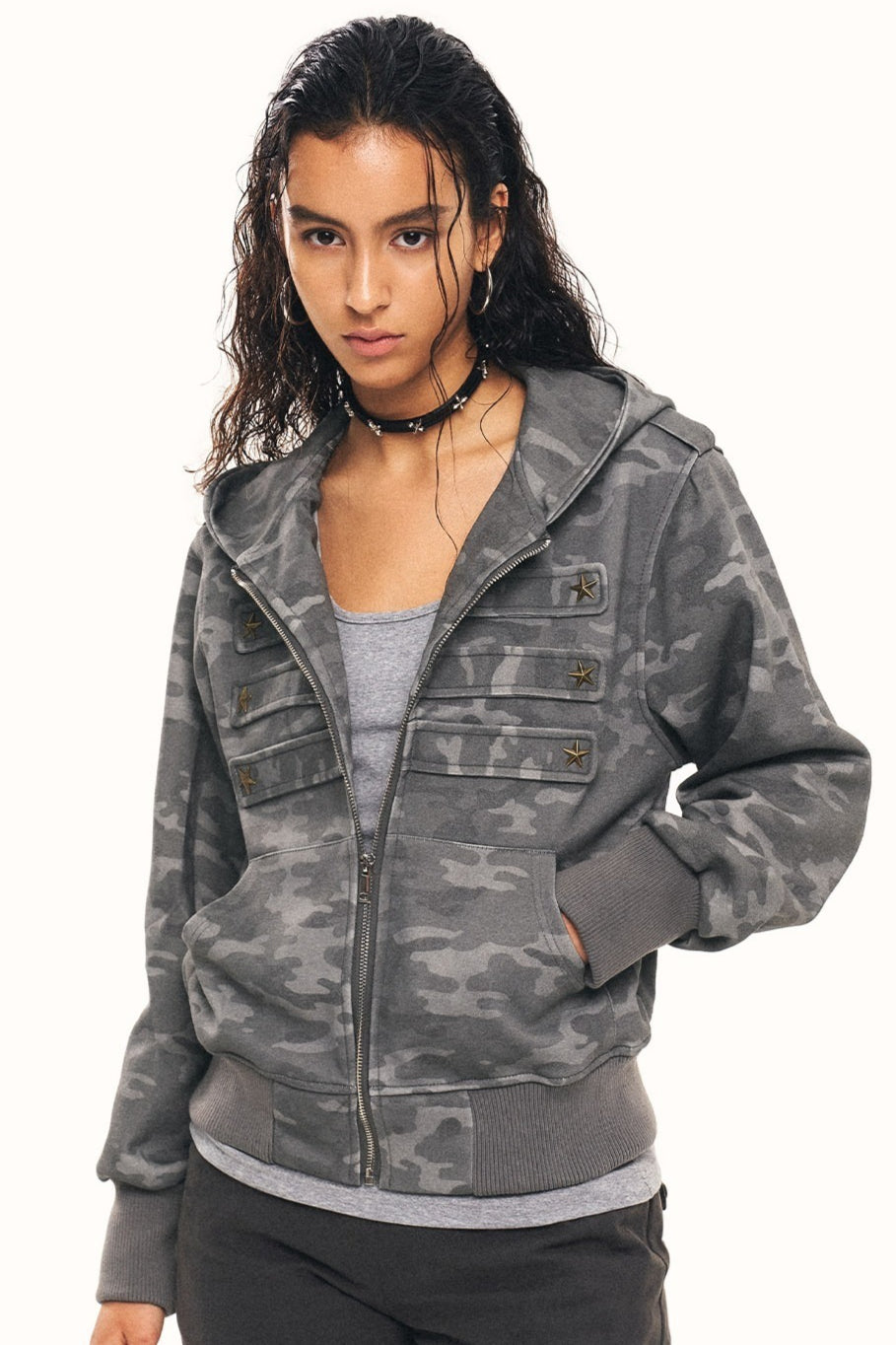 Camo Star Button Cropped Zip Hoodie Main image