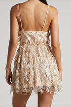 Elegant V Neck Sequin Spaghetti Strap Mini Formal Sequin Dress