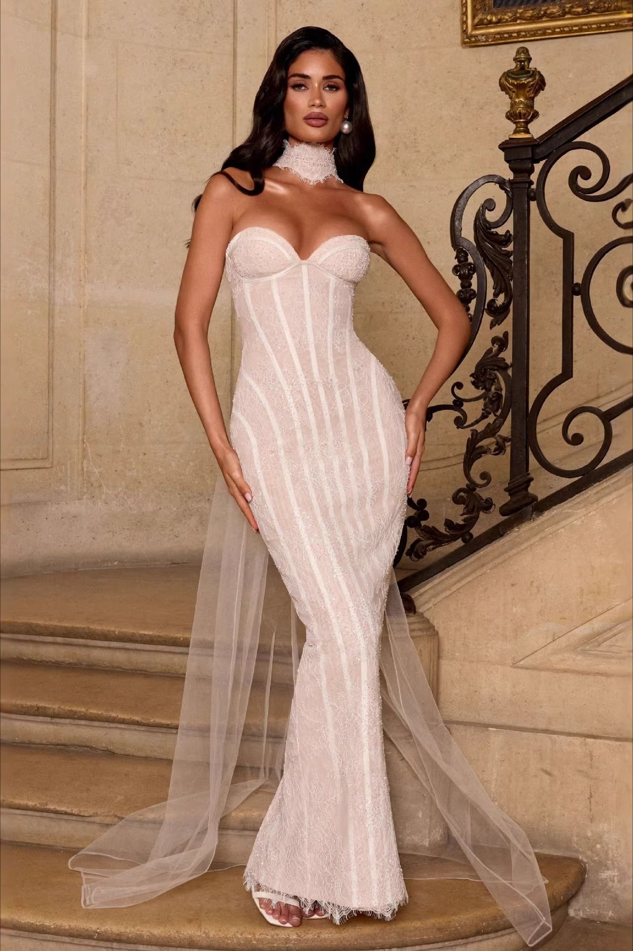 Lace Trim Strapless Cami Fit Floor Lace Dress Secondary image