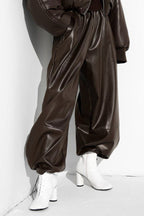Drawstring PU Harem Loose Tapered Casual Winter Pants