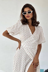 Cotton Heart Print V-Neck Wrap Maxi Dress