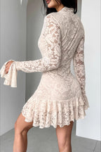 Lace V-Neck Double Ruffle Bodycon Dress