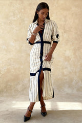 Striped Lapel Button Long Sleeve Shirt Dress