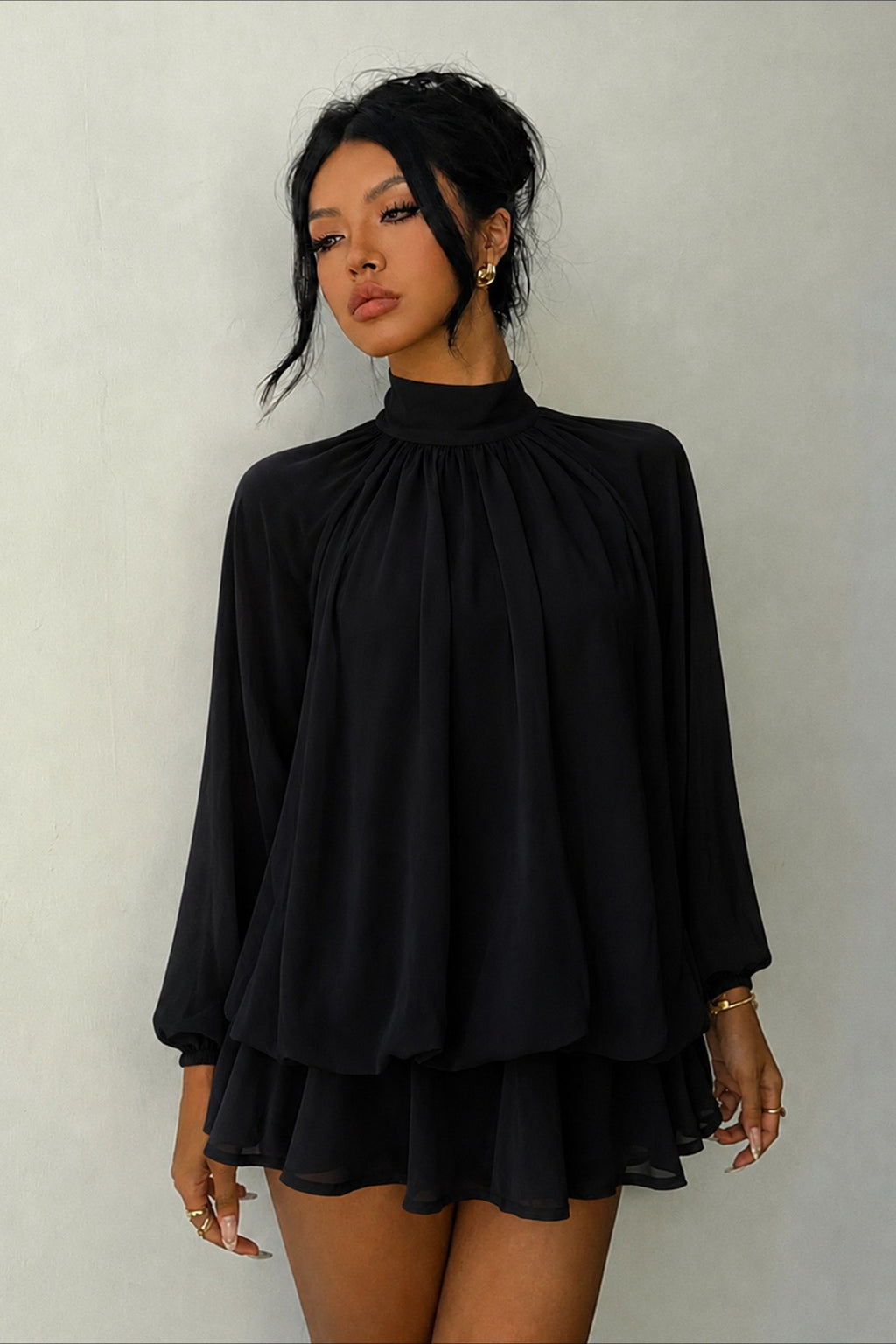 High Neck Long Sleeve Tiered Ruffle Mini Dress