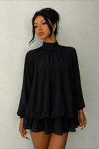 High Neck Long Sleeve Tiered Ruffle Mini Dress