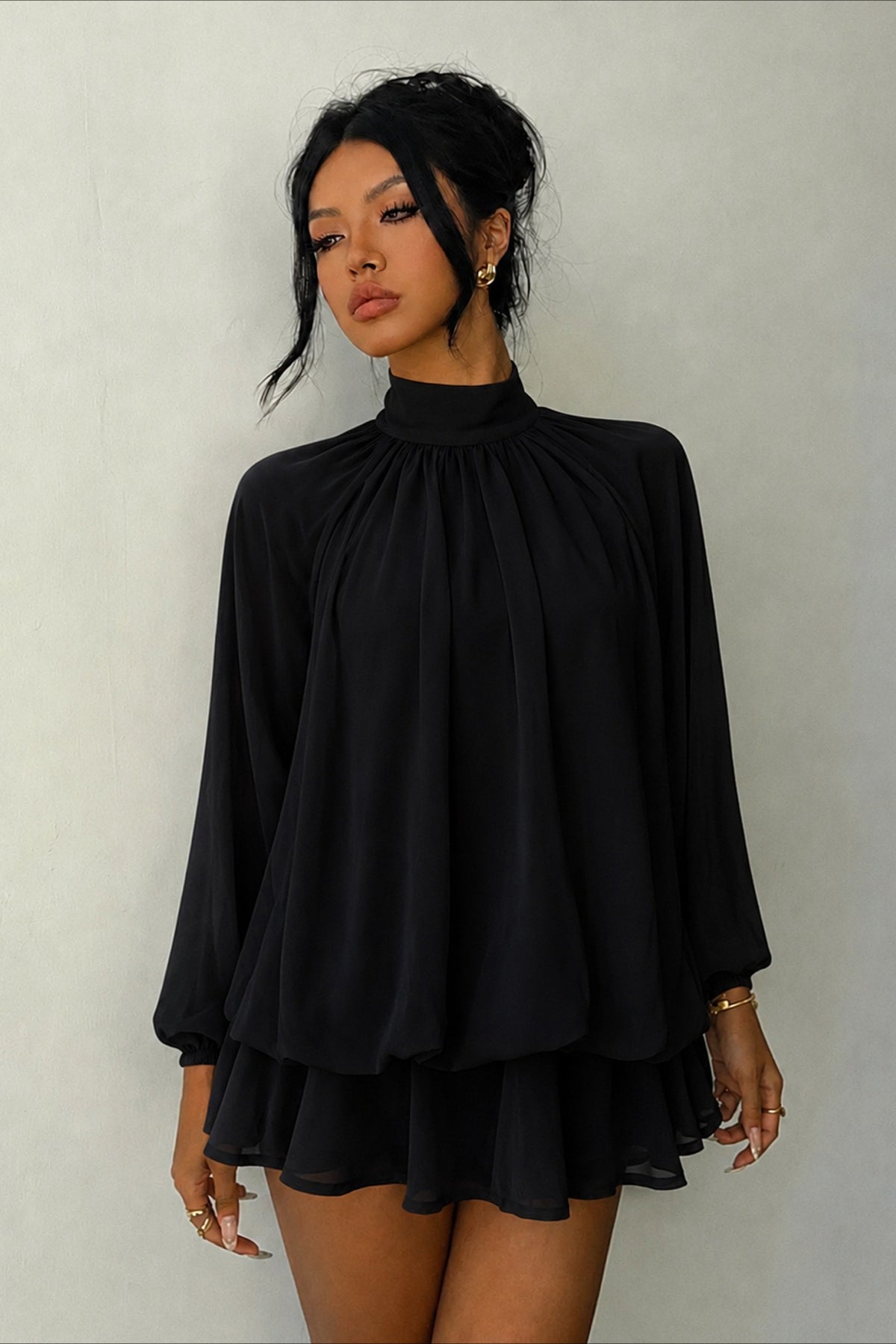 High Neck Long Sleeve Tiered Ruffle Mini Dress