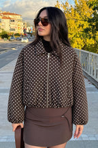 Polka Dot Balloon Sleeve Cropped Zip Jacket