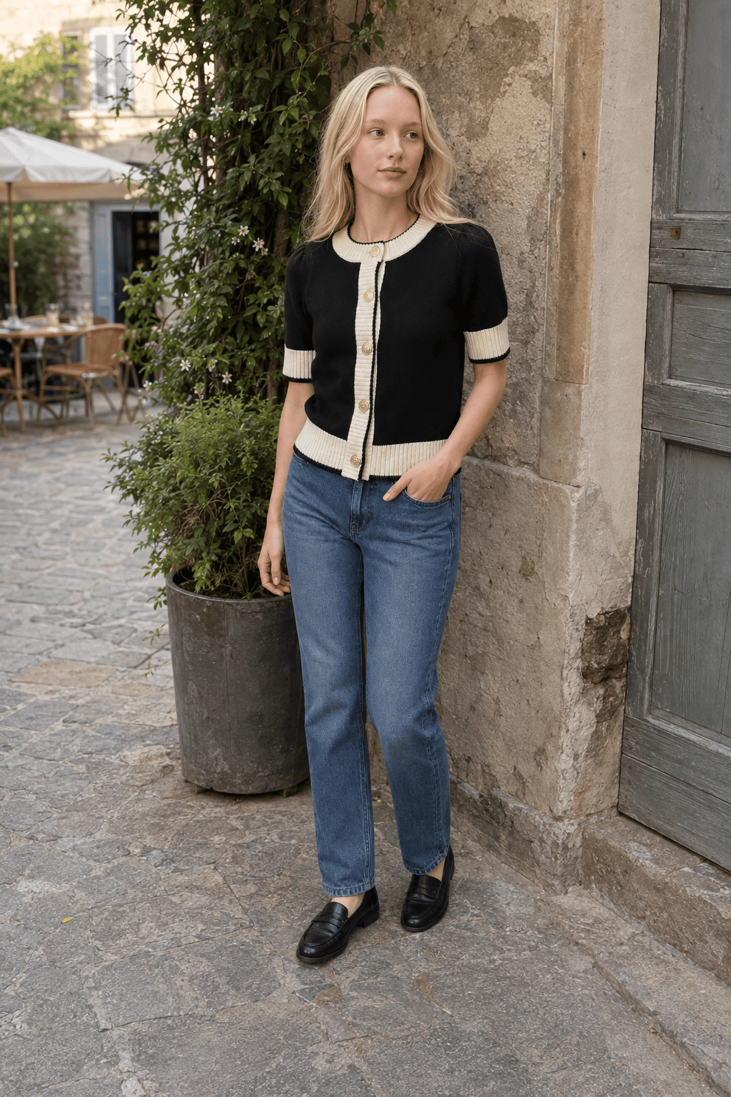 Black White Contrast Slim Cardigan Secondary image