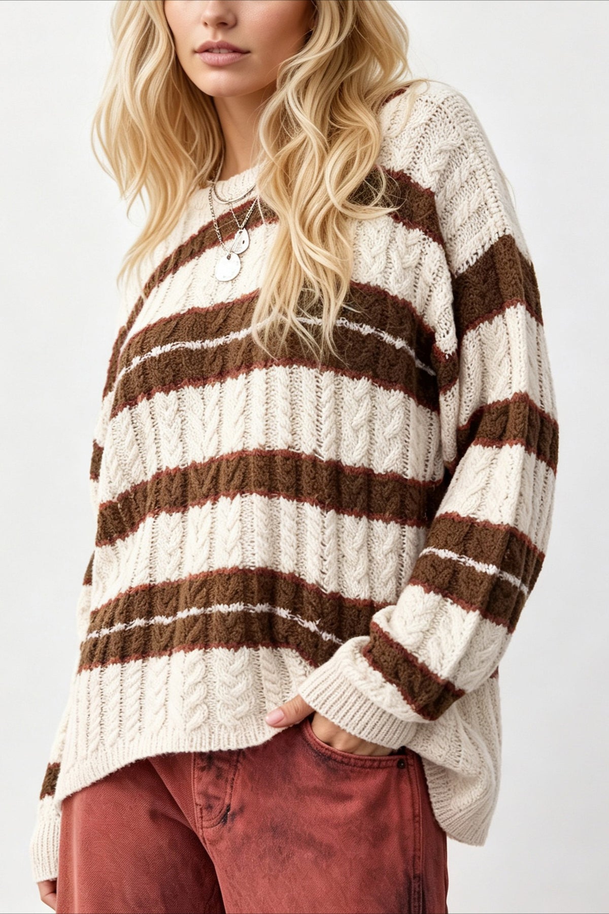 Multicolor Stripe Textured Relaxed Pullover Knit Sweater