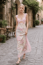 Lace Patchwork Strap Backless Slit Maxi Floral Dress
