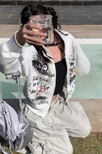 Gray Graffiti Hooded Zip-Up Cropped Hoodie