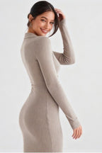 Core-Spun Yarn Knit V-Neck Long-Sleeve Bodycon Midi Sweater Dress