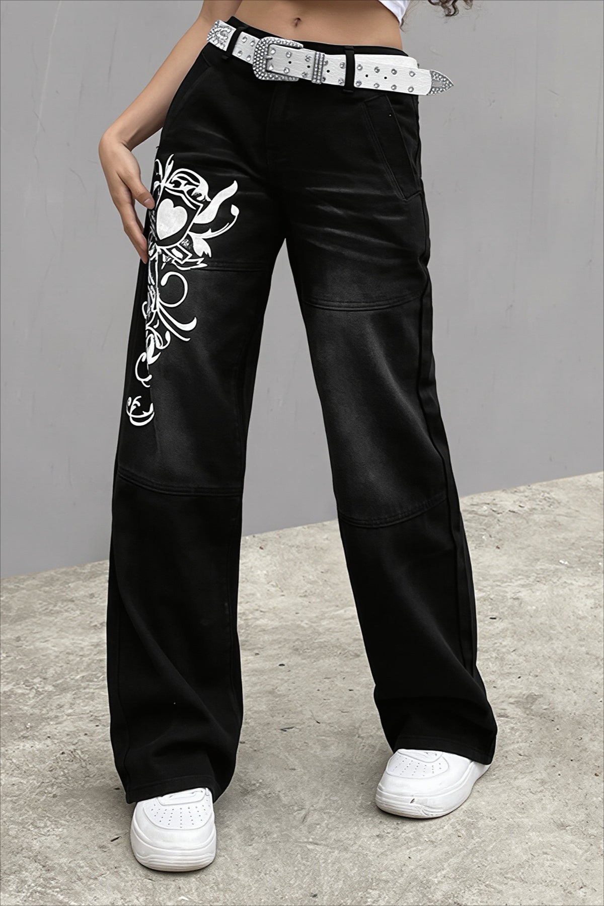 Graphic Print Relaxed Wide Leg Jeans