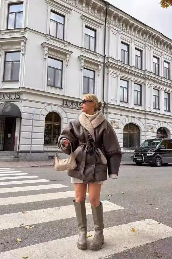 Tie Waist Padded Faux Leather Coat Secondary image