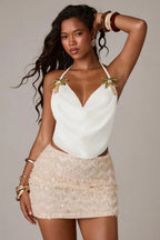 Pearl Embellished Halter Backless Crop Top