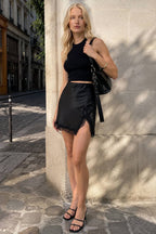 High Waist Lace Panel Slit Office Mini Skirt