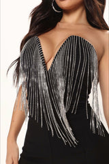 Rhinestone Deep V Fringe Tube Party Short Jumpsuit
